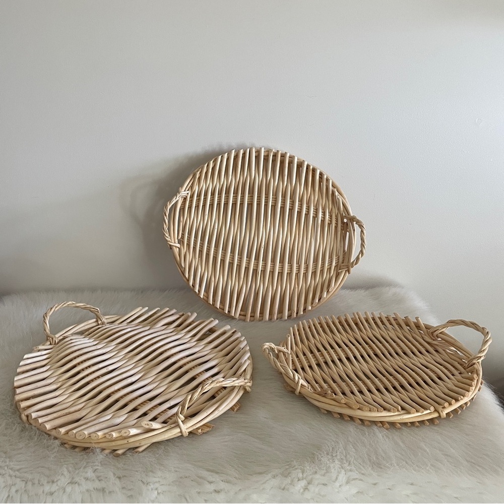 Set of Three Woven Rattan Trays Basket Serving Decor Trio